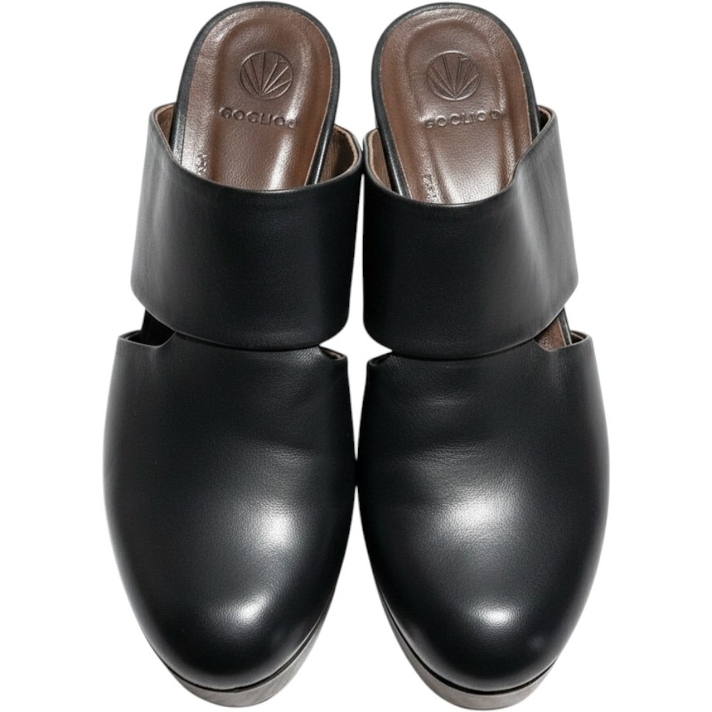 Coclico Women Clogs 38 Black Leather Wood Platform Wedge Slip On Mules 32936 90s